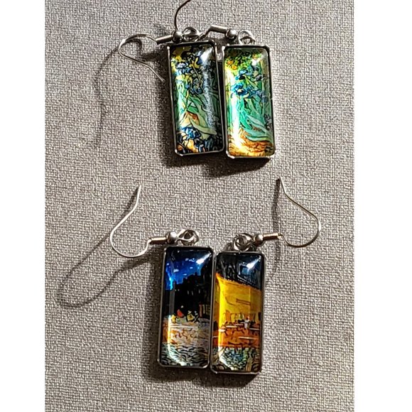 Van Gogh Painting Inspired Earrings "Irises" and "Outdoor Café at Night” earring - Picture 1 of 5